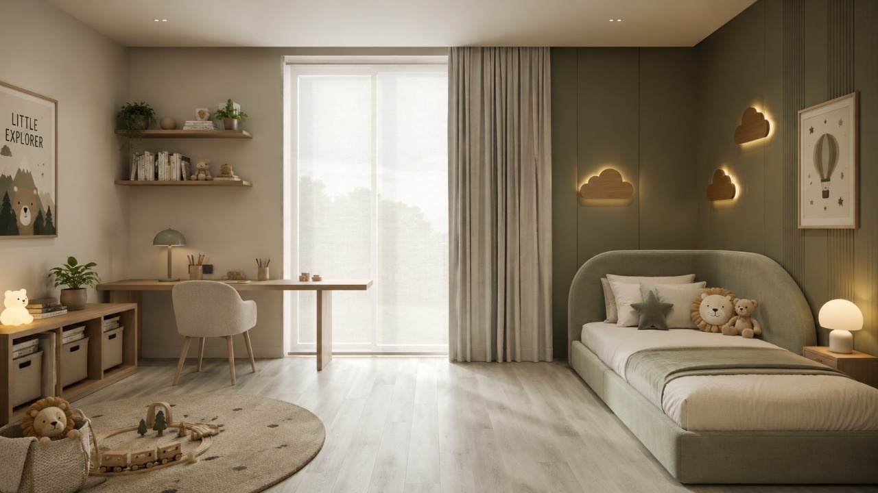Интерьер спальни для ребенка в оливковых оттенках и светлым кварцевым ламинатом под дерево на полу